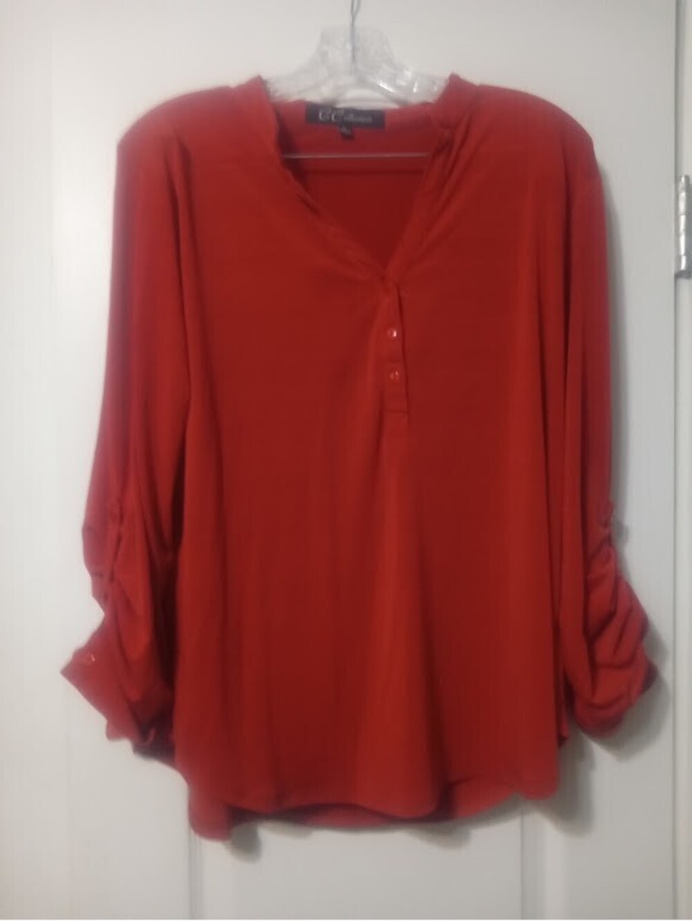 Rust Colored G Collection Roll-Tab Sleeves, V-Neck Large Blouse